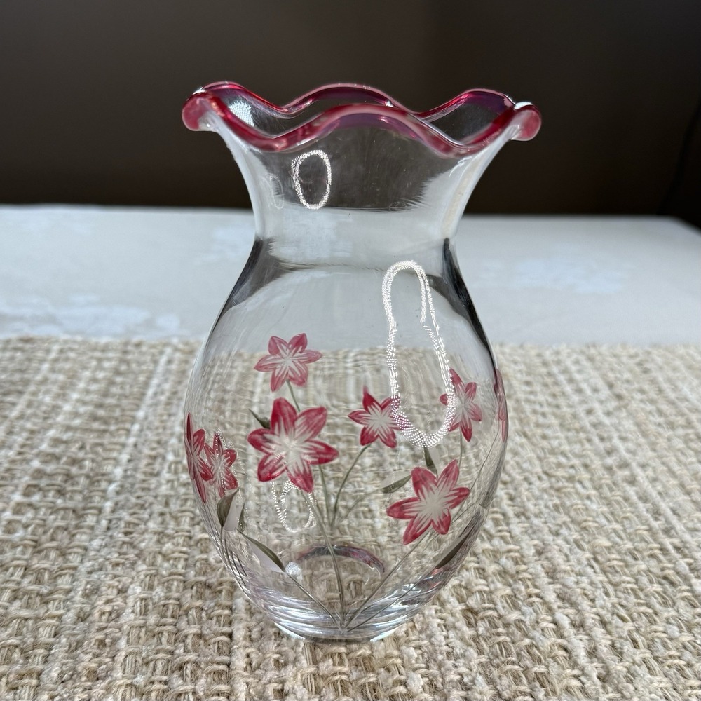 Lenox Crystal Hand Cut Pink Rim Floral Spirit Hand Painted Vase